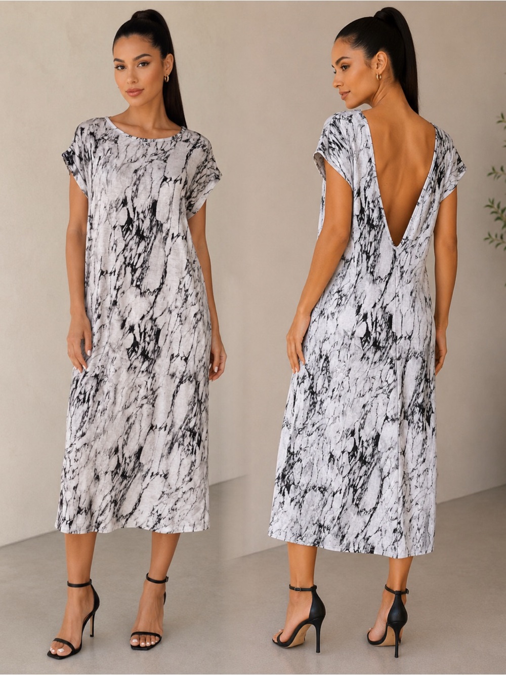 Forever 21 Marble-Print Open-Back Midi Dress - Black & White